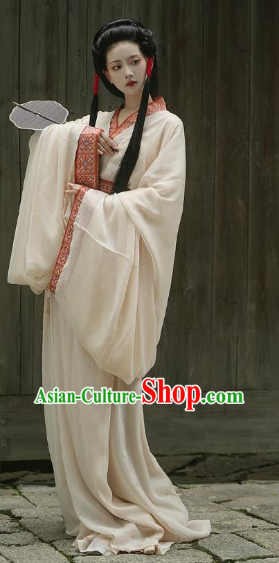 Chinese Warring States Period Woman Clothing Traditional Hanfu Straight Front Robe Ancient Empress White Dress