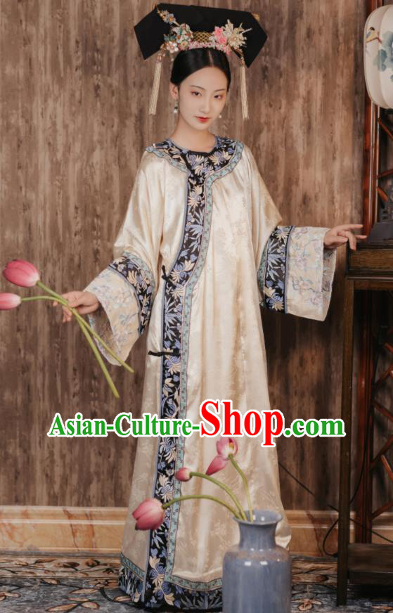 Chinese Qing Dynasty Princess Garment Costumes Ancient Empress Beige Dress Manchu Woman Clothing