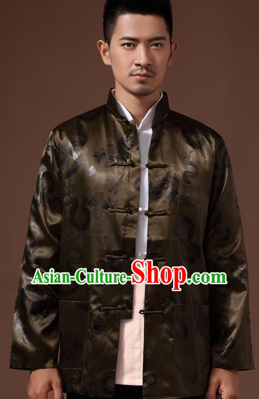 Chinese Handmade Mandarin Blouse Traditional Jacket Atrovirens Brocade Overcoat for Men