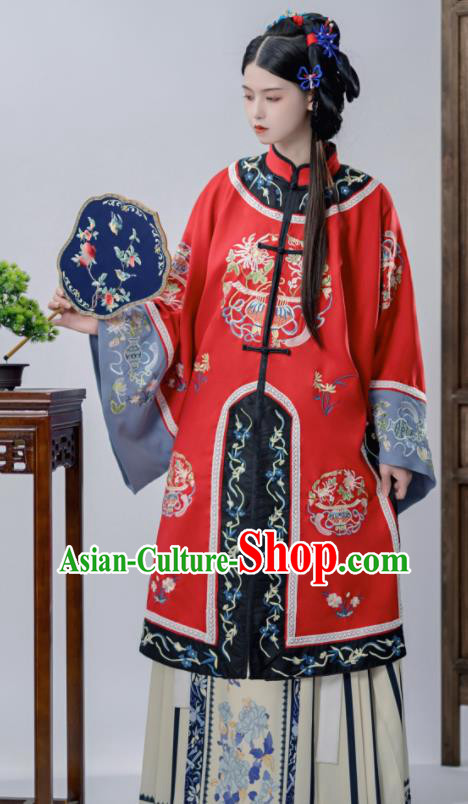 Chinese Ancient Noble Woman Costumes Traditional Clothing Ming Dynasty Young Lady Red Blouse and Beige Skirt Complete Set