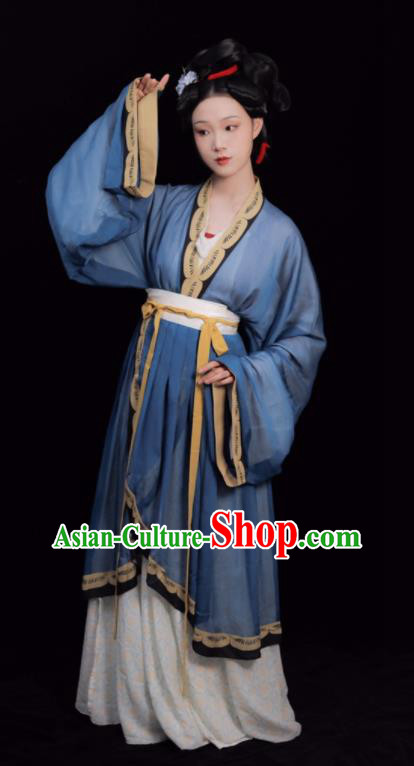 Chinese Song Dynasty Noble Woman Clothing Ancient Young Mistress Blue Dresses Traditional Hanfu Garment Costumes