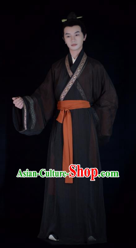 Chinese Ancient Young Man Straight Front Robes Traditional Hanfu Garment Costumes Han Dynasty Scholar Clothing