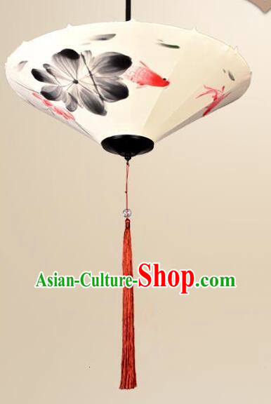 Chinese Palace Lantern Hand Painting Lotus Koi Lantern Traditional Ceiling Lamp