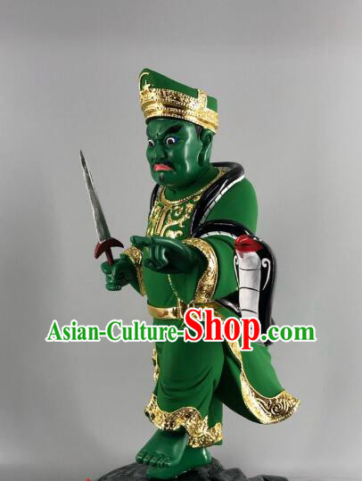 Malaysian God Statue Handmade Wood Carving Na Tuk Kong Green Sculpture