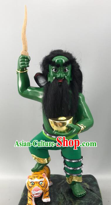 Na Tuk Kong Green Sculpture Malaysian God Statue Handmade Wood Carving Figure