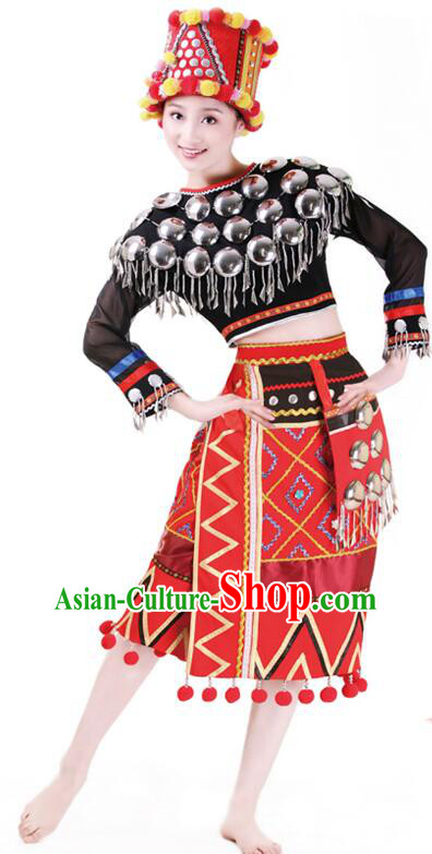 Chinese Yunnan Ethnic Garment Costumes Jingpo Nationality Woman Clothing Chingpo Minority Female Dress Uniform