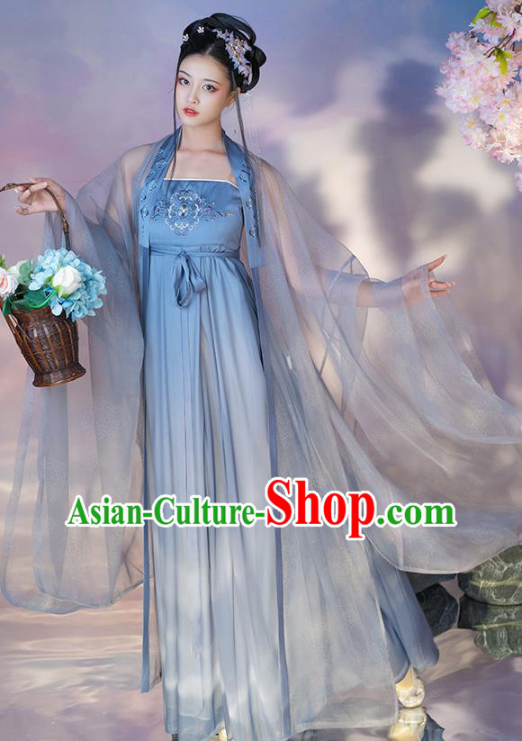 Chinese Traditional Garment Costumes Ancient Flower Fairy Clothing Tang Dynasty Princess Blue Hanfu Dress