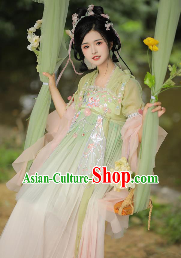 Chinese Tang Dynasty Palace Princess Garment Costumes Ancient Goddess Young Lady Green Hanfu Dress