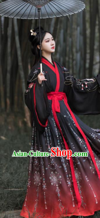 Chinese Traditional Hanfu Garments Jin Dynasty Swordswoman Costumes Ancient Young Lady Black Dresses