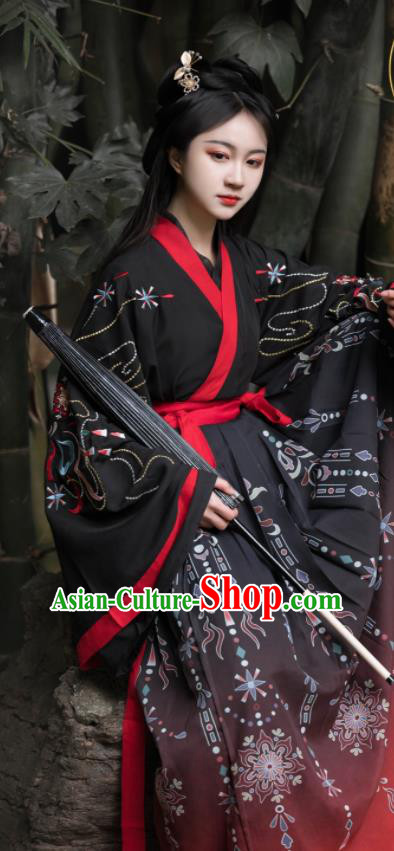 Chinese Traditional Hanfu Garments Jin Dynasty Swordswoman Costumes Ancient Young Lady Black Dresses