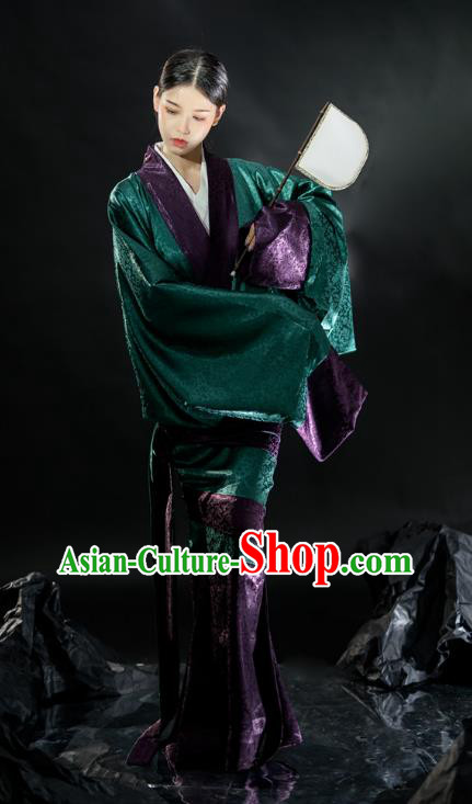 Chinese Ancient Court Woman Green Dress Hanfu Curving Front Robe Qu Ju Han Dynasty Historical Costume