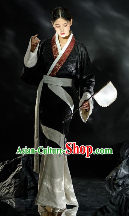 Chinese Han Dynasty Historical Costume Ancient Court Woman Black Dress Hanfu Curving Front Robe Qu Ju