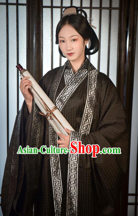 Chinese Ancient Court Woman Black Dresses Hanfu Straight Front Robe Zhi Ju Han Dynasty Elder Princess Zhan Yang Historical Costumes