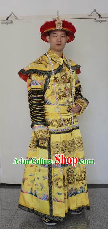 Chinese Ancient Emperor Clothing Qing Dynasty Embroidered Dragon Robe Monarch Garment Costumes