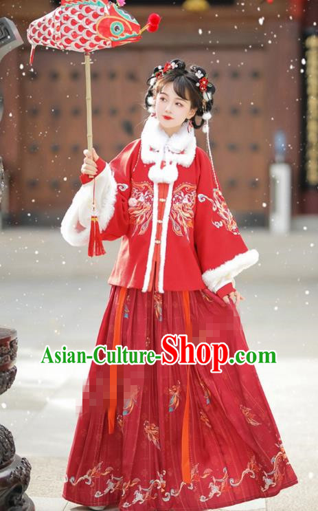 Chinese Ming Dynasty Young Lady Costumes Traditional Winter Red Dresses Ancient Female Clothing