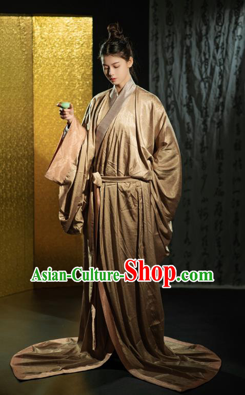 Chinese Qin Dynasty Prince Brown Straight Front Robe Ancient Swordsman Clothing Traditional Han Fu