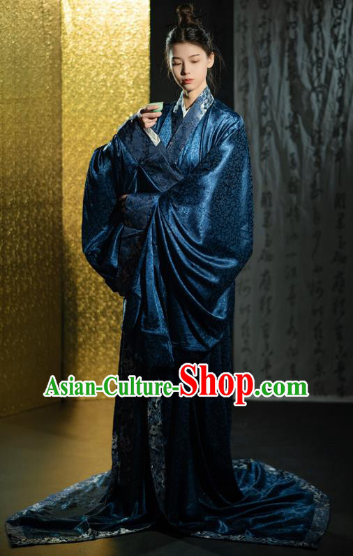 Chinese Traditional Han Fu Qin Dynasty Prince Blue Straight Front Robe Ancient Swordsman Clothing