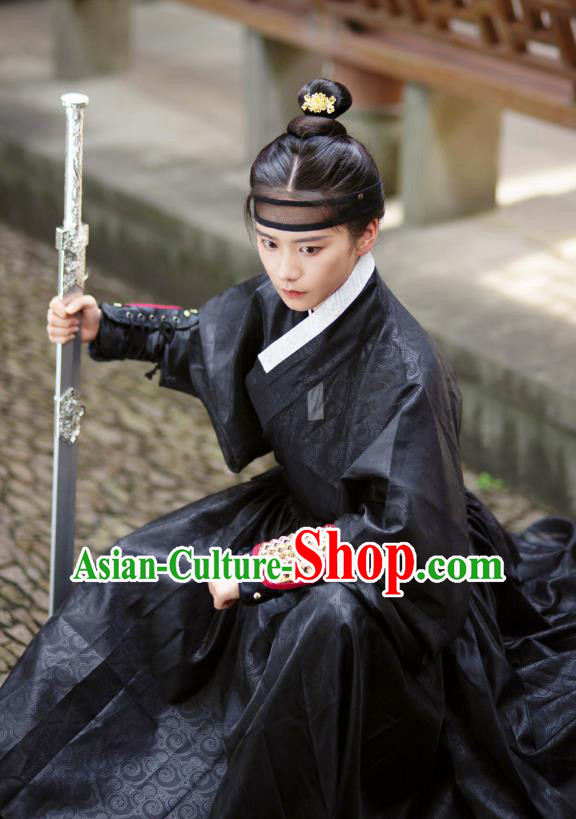 Chinese Hanfu Yisan Black Gown Ming Dynasty Swordsman Clothing Ancient Young Knight Costume