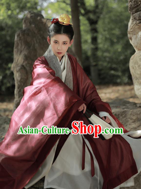 Chinese Ancient Young Man Garment Costumes Traditional Dark Red Cape and White Gown Ming Dynasty Childe Clothing