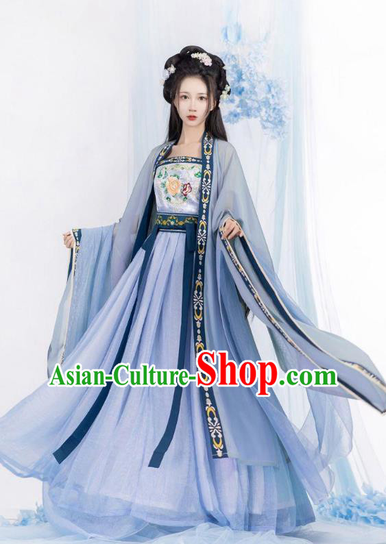 Chinese Ancient Palace Woman Blue Dresses Tang Dynasty Imperial Princess Garment Costumes Ruqun Hanfu Clothing