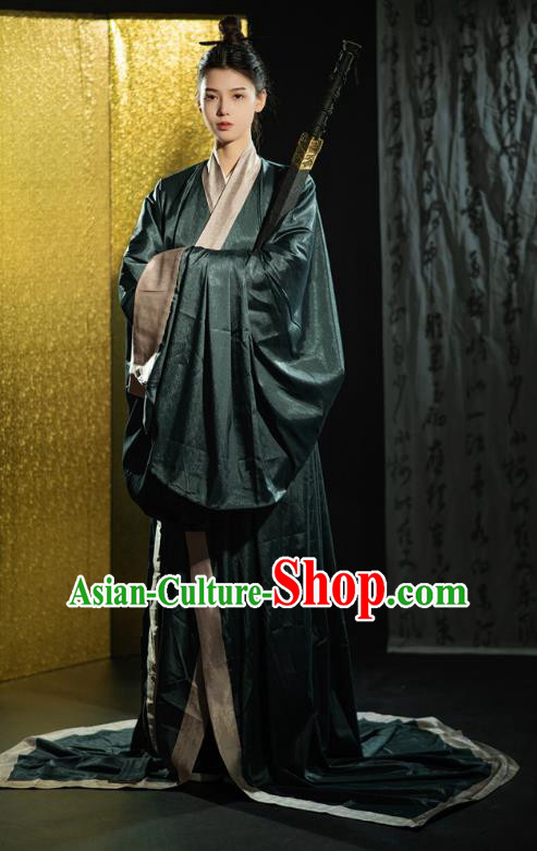 Chinese Ancient Swordsman Costume Traditional Han Fu Dark Green Straight Front Robe Qin Dynasty Childe Clothing