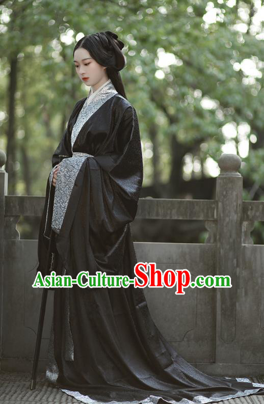 Chinese Ancient Palace Empress Costume Traditional Han Fu Straight Front Robe Black Dress Qin Dynasty Royal Princess Clothing