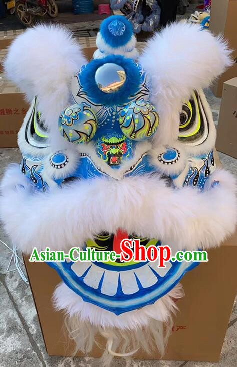 Top Lion Dance Costumes Handmade White Wool Blue Fut San Lion Performance and Competition Lion