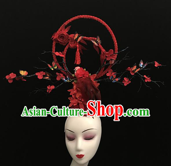 Chinese Handmade Feather Headdress Top Red Bird Headwear Stage Performance Plum Blossom Crown