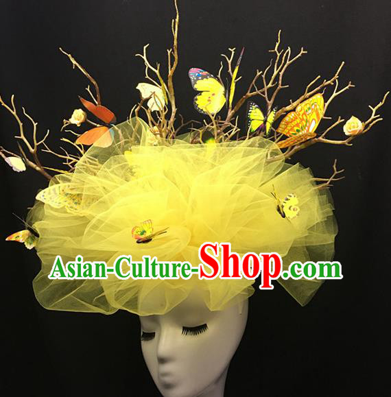 Handmade Yellow Veil Headdress Cheongsam Catwalk Headwear Stage Performance Branch Crown