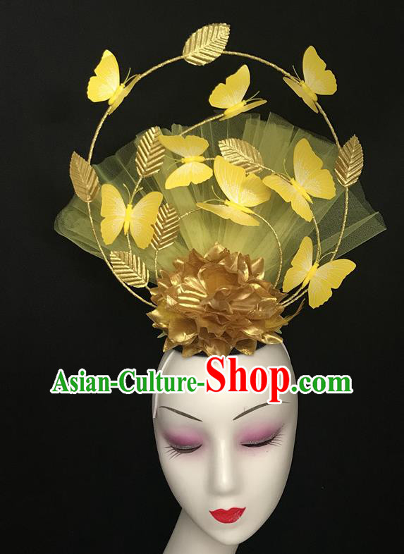 Handmade Cheongsam Catwalk Headwear Stage Performance Golden Peony Crown Butterfly Headdress