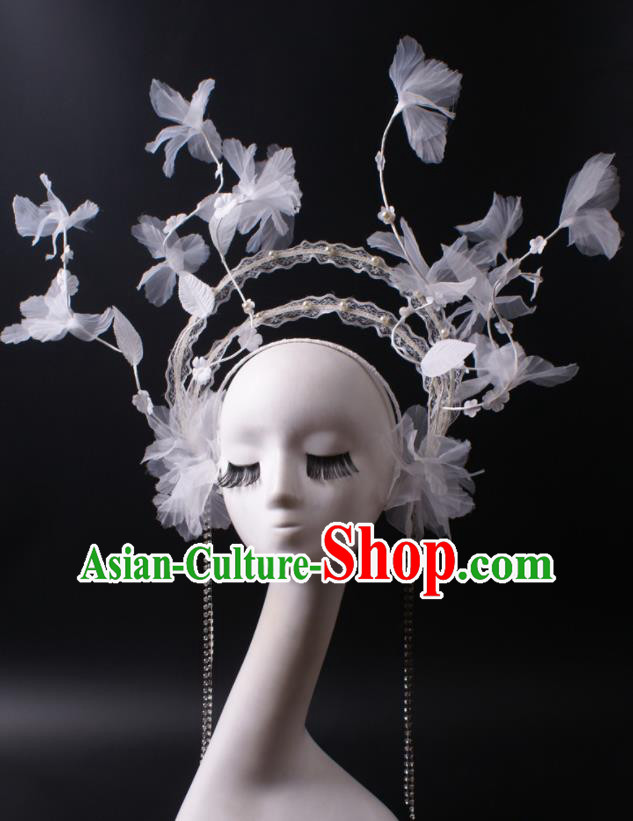 Handmade White Silk Flowers Headdress Cheongsam Catwalk Headwear Stage Performance Tassel Crown