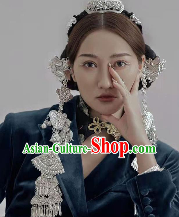 Chinese Stage Performance Hair Jewelries Handmade Silvery Headdress Miao Ethnic Woman Headpieces