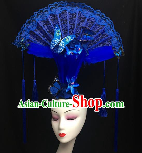 Chinese Catwalks Blue Lace Fan Headpiece Handmade Stage Show Headdress Model Contest Tassel Crown