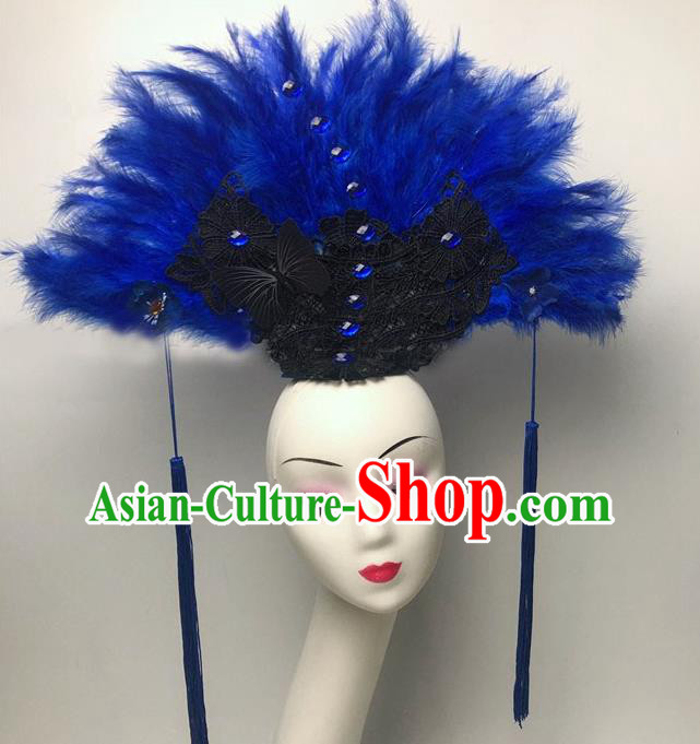 Chinese Handmade Stage Show Headdress Model Contest Deluxe Crown Catwalks Blue Feather Headpiece