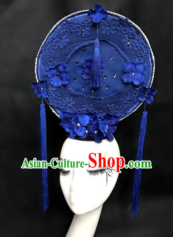 Chinese Model Contest Lace Crown Catwalks Blue Tassel Headpiece Handmade Stage Show Headdress