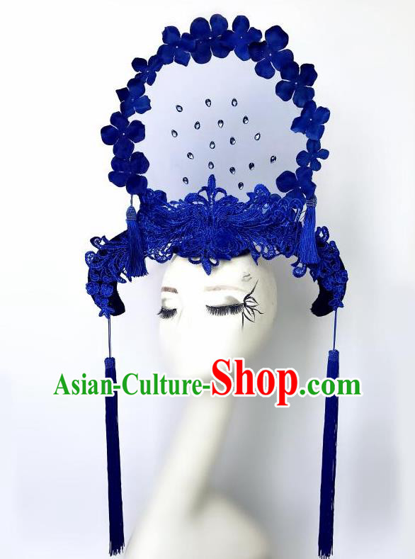 Chinese Handmade Stage Show Headdress Model Contest Blue Lace Crown Catwalks Tassel Headpiece