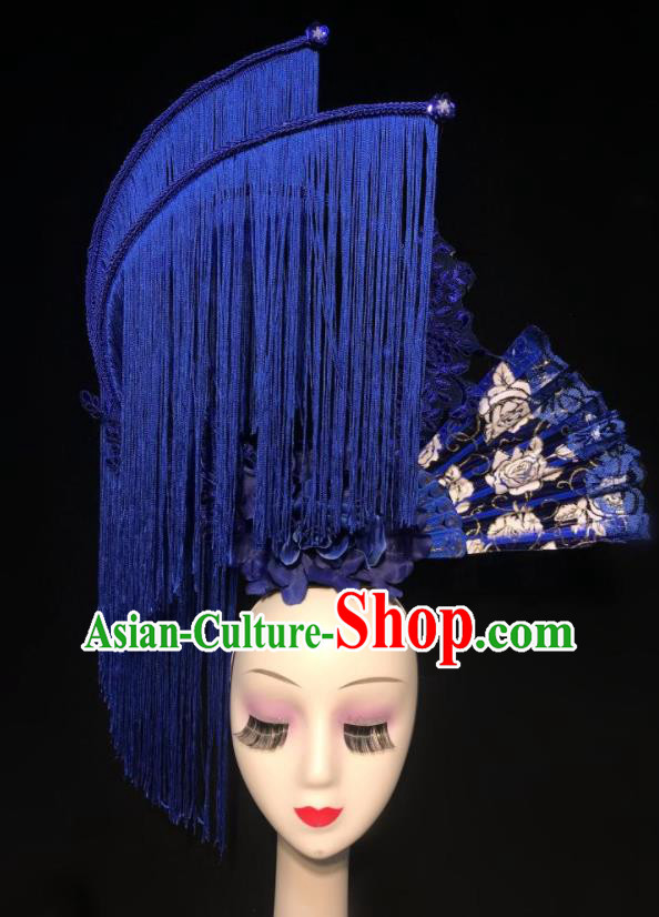 Chinese Handmade Stage Show Giant Headdress Model Contest Blue Fan Crown Catwalks Deluxe Tassel Headpiece