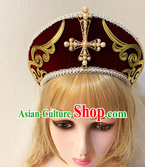 Handmade Catwalks Retro Velvet Royal Crown Pearls Hair Jewelry Top Stage Show Headwear