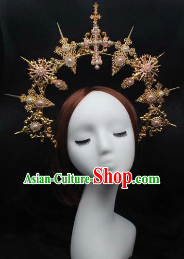 Top Stage Show Headwear Handmade Catwalks Golden Royal Crown Goddess Hair Jewelry