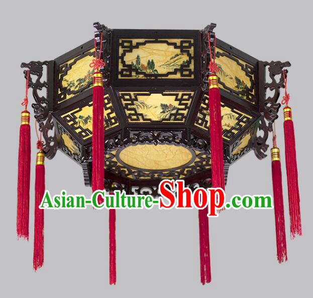 Chinese Wood Large Palace Lantern Hand Painted Landscape Ceiling Lantern