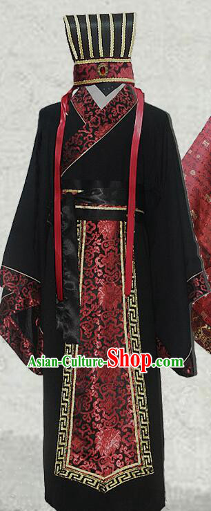 Chinese Han Dynasty Scholar Clothing and Hat Ancient Prince Black Costumes Complete Set