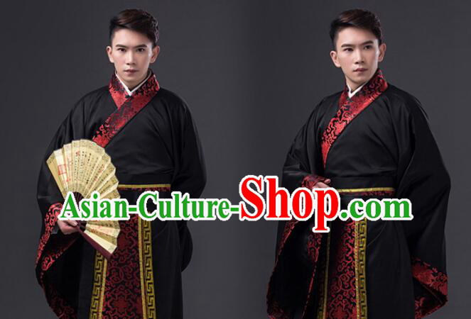Chinese Han Dynasty Scholar Clothing and Hat Ancient Prince Black Costumes Complete Set