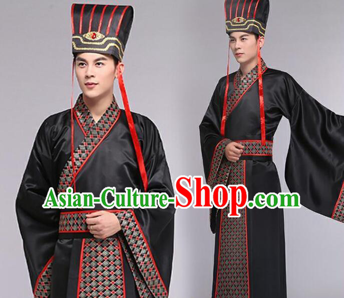 Chinese Ancient Scholar Black Costumes Han Dynasty Official Clothing and Hat
