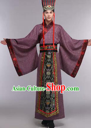 Chinese Han Dynasty Official Costumes Ancient Royal Prince Dark Purple Clothing and Headdress