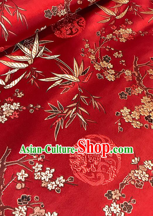 Chinese Traditional Fabric Classical Plum Bamboo Patterns Design Red Brocade