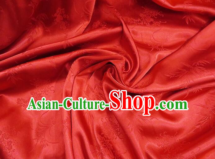 Chinese Classical Plum Orchids Bamboo Chrysanthemum Patterns Design Red Silk Traditional Jacquard Satin Fabric
