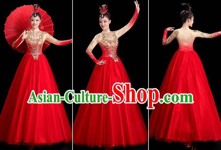 Professional Opening Dance Magenta Dress Women Group Dance Clothing Chorus Performance Costume