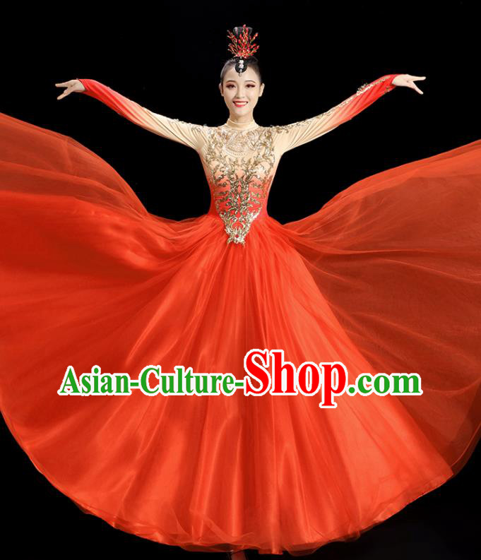 Professional Chorus Performance Costume Opening Dance Orange Dress Women Group Dance Clothing