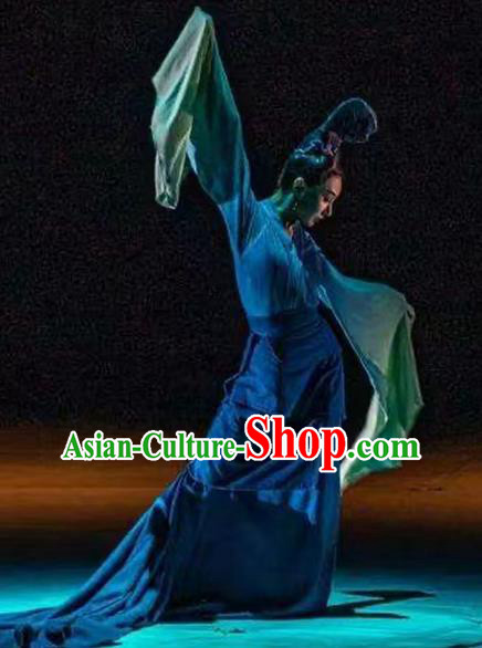 Chinese Women Group Dance Clothing Classical Dance Costume Spring Festival Gala Zhi Ci Qing Lu Blue Dress