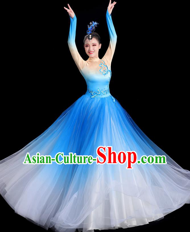 Chinese Women Group Dance Clothing Modern Dance Costume Spring Festival Gala Opening Dance Blue Dress